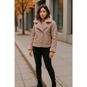 ZARA Full Zip Up Cream Faux Suede Shearling Jacket Coat Women's Size Medium